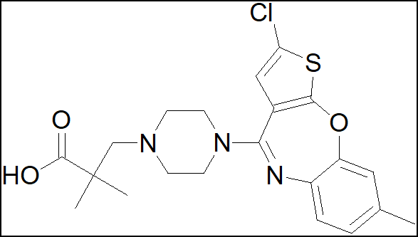 3-(4-(2-chloro-8-metilbenzo[b]tieno[3,2-f][1,4]oksazepin-4-ilas )piperazin-1-y-2,2-dimetilpropano rūgštis CAS Nr.:1418130-83-2;